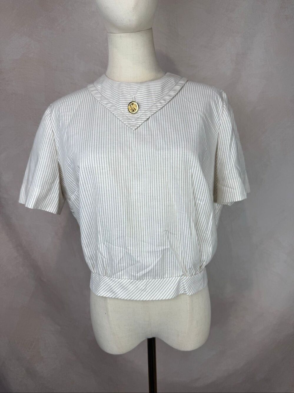 Vintage 1980s does 1940s Nautical Short Sleeve Blouse Top Button Pin Striped M/L